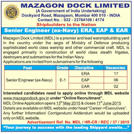 Mazagon Dock Limited Recruitment 2015 senior Engineer